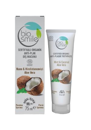 Biosmile Organik Sertifikalı Anti-Plak Diş Macunu Hindistancevizi-Nane-Aloe Vera 75 ml